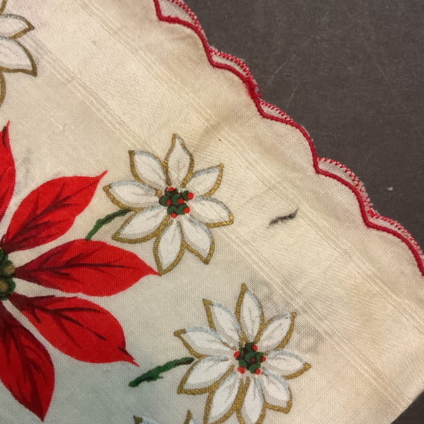 Vintage Christmas Handkerchief Scalloped Border Large Poinsettia Snowflakes Hankie