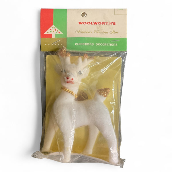 Vintage Flocked White Reindeer Gold Glitter Antlers and Tail NOS