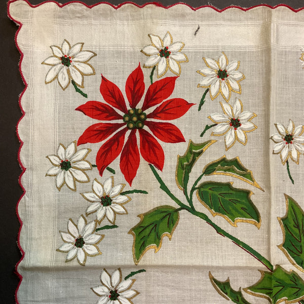 Vintage Christmas Handkerchief Scalloped Border Large Poinsettia Snowflakes Hankie