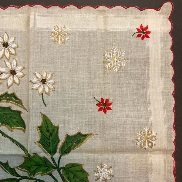 Vintage Christmas Handkerchief Scalloped Border Large Poinsettia Snowflakes Hankie