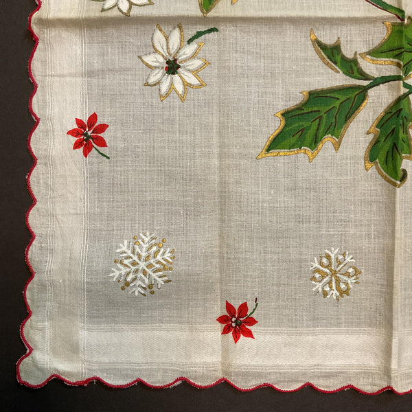 Vintage Christmas Handkerchief Scalloped Border Large Poinsettia Snowflakes Hankie