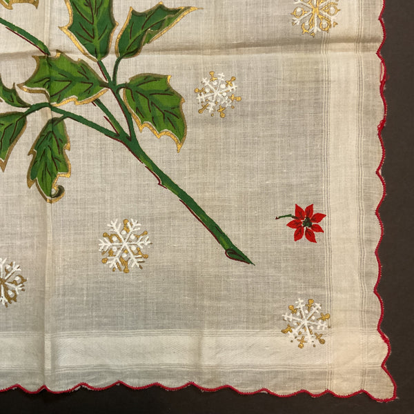 Vintage Christmas Handkerchief Scalloped Border Large Poinsettia Snowflakes Hankie