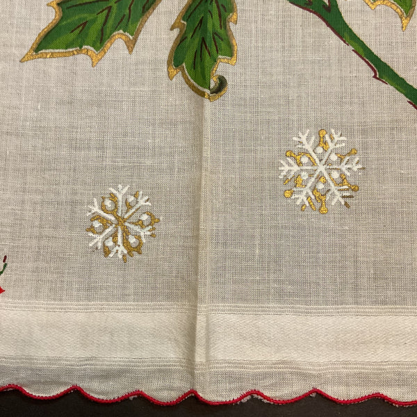 Vintage Christmas Handkerchief Scalloped Border Large Poinsettia Snowflakes Hankie