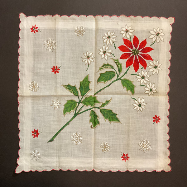 Vintage Christmas Handkerchief Scalloped Border Large Poinsettia Snowflakes Hankie