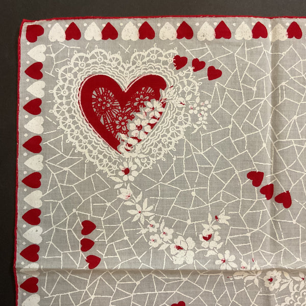 Vintage Valentine Hanky Red Heart Border White Flowers Ladies Handkerchief