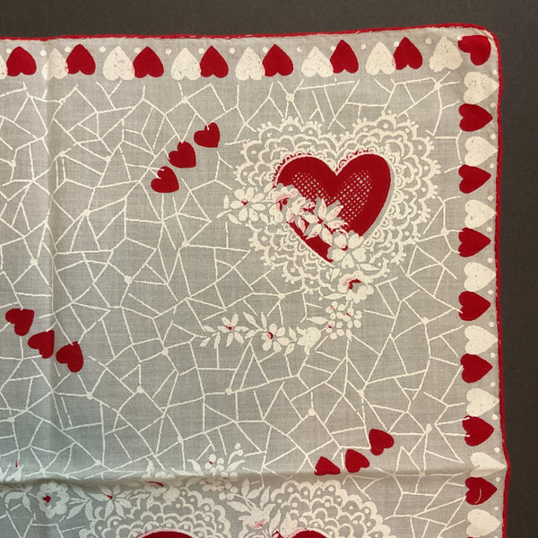 Vintage Valentine Hanky Red Heart Border White Flowers Ladies Handkerchief
