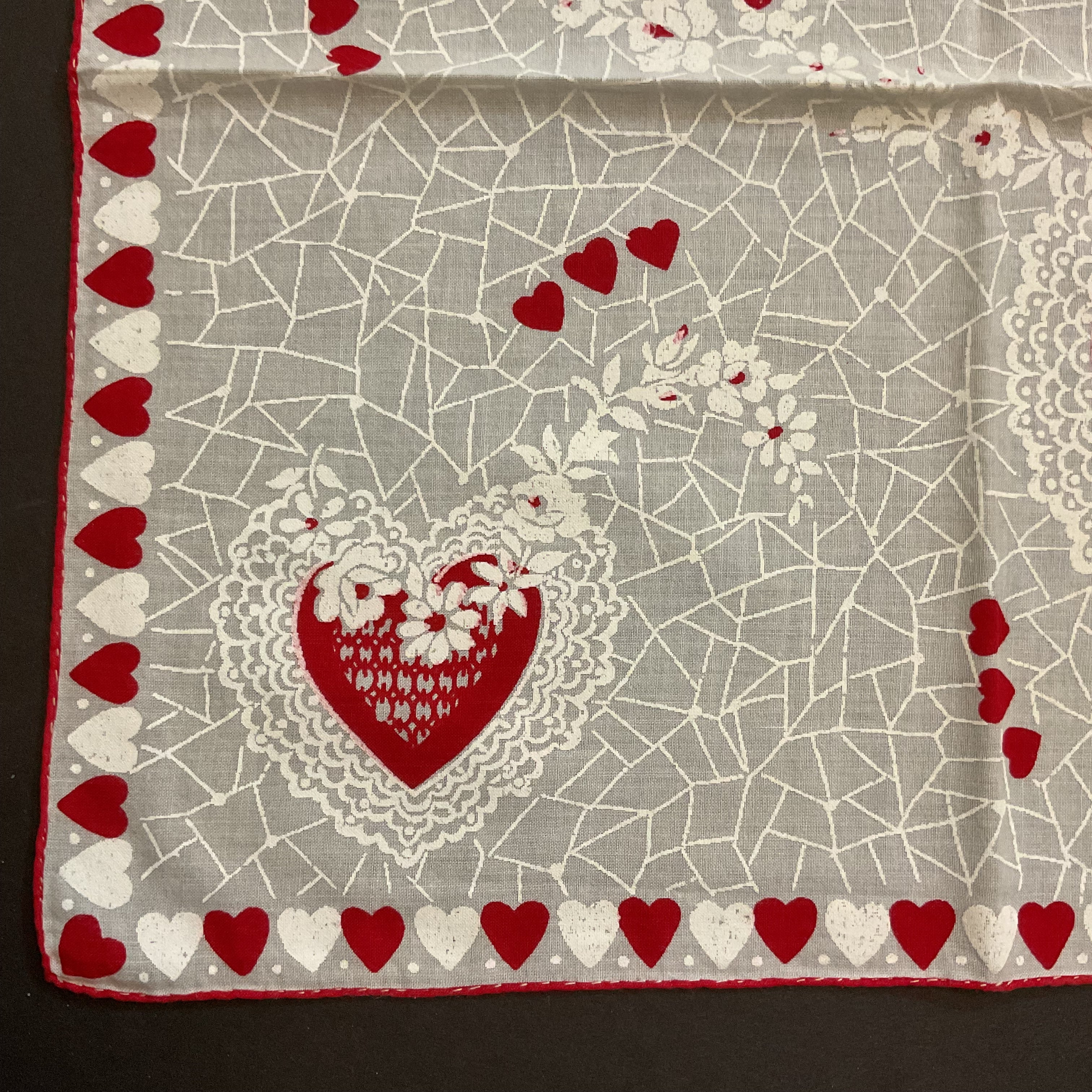 Vintage Valentine Hanky Red Heart Border White Flowers Ladies Handkerchief
