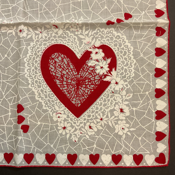 Vintage Valentine Hanky Red Heart Border White Flowers Ladies Handkerchief