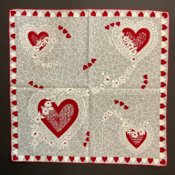 Vintage Valentine Hanky Red Heart Border White Flowers Ladies Handkerchief