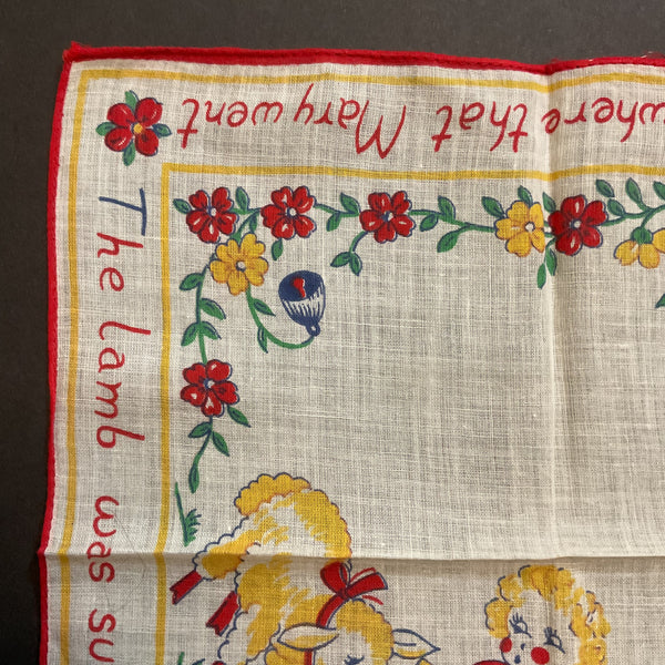 Vintage Childrens Hankie Mary Had a Little Lamb Handkerchief