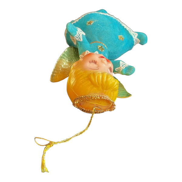 Vintage Christmas Ornament Flocked Angel Blue Dress Gold wings