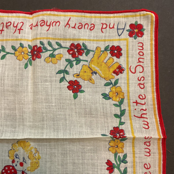 Vintage Childrens Hankie Mary Had a Little Lamb Handkerchief