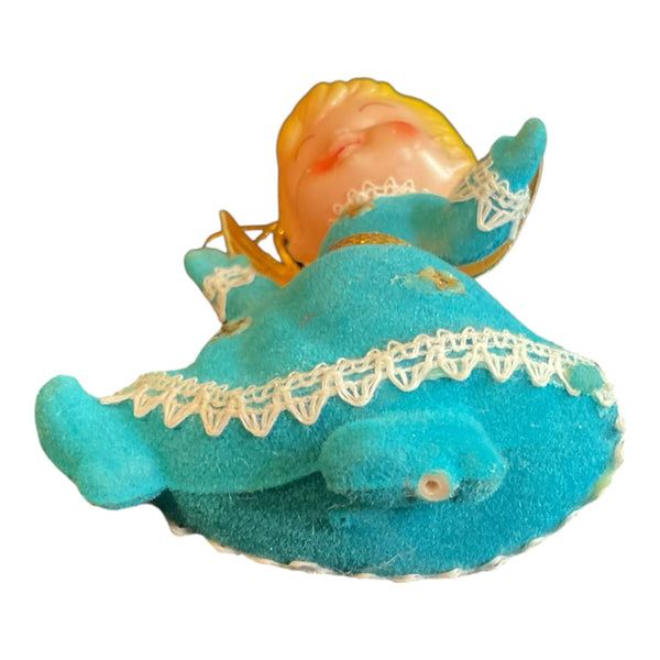 Vintage Christmas Ornament Flocked Angel Blue Dress Gold wings