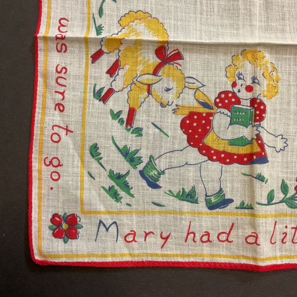 Vintage Childrens Hankie Mary Had a Little Lamb Handkerchief
