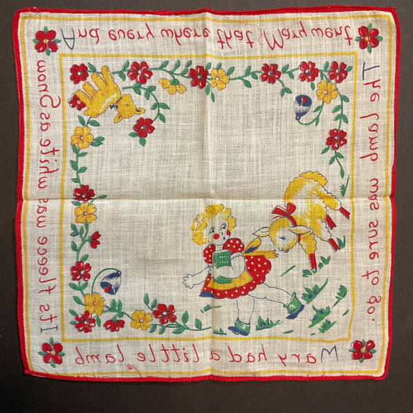 Vintage Childrens Hankie Mary Had a Little Lamb Handkerchief