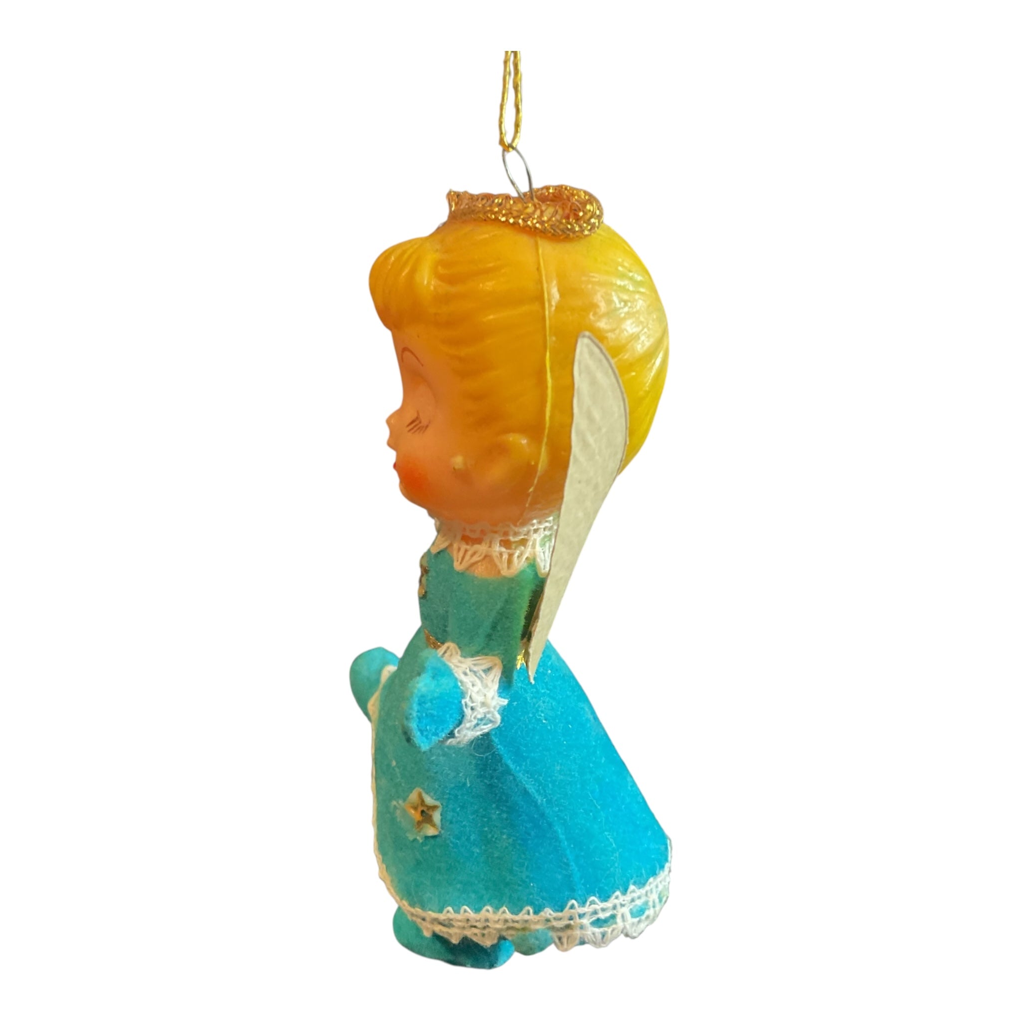Vintage Christmas Ornament Flocked Angel Blue Dress Gold wings