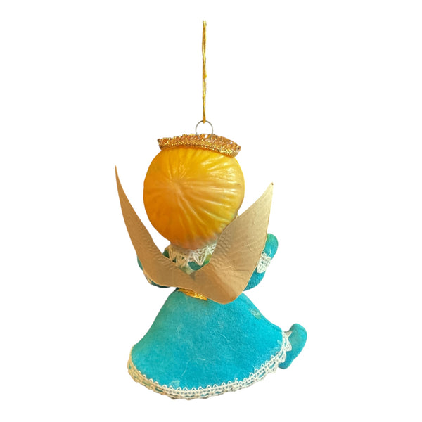 Vintage Christmas Ornament Flocked Angel Blue Dress Gold wings