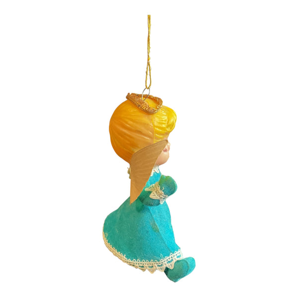 Vintage Christmas Ornament Flocked Angel Blue Dress Gold wings