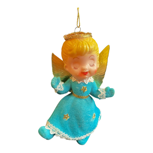 Vintage Christmas Ornament Flocked Angel Blue Dress Gold wings