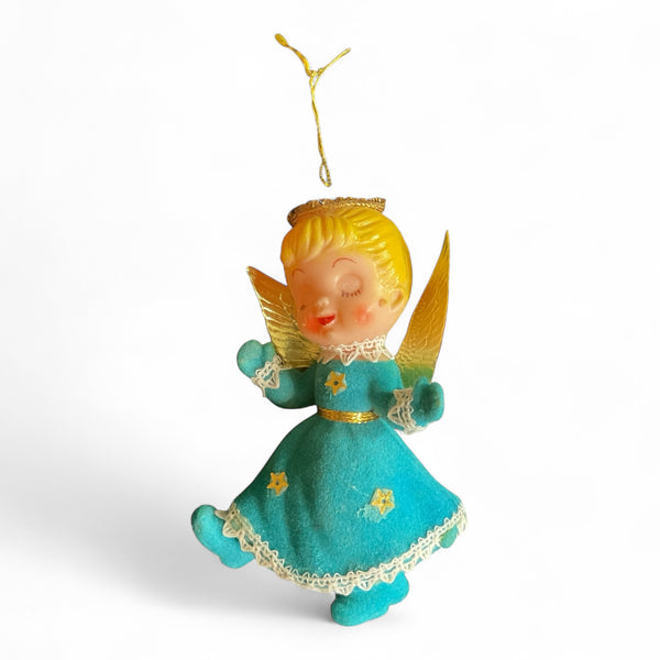 Vintage Christmas Ornament Flocked Angel Blue Dress Gold wings