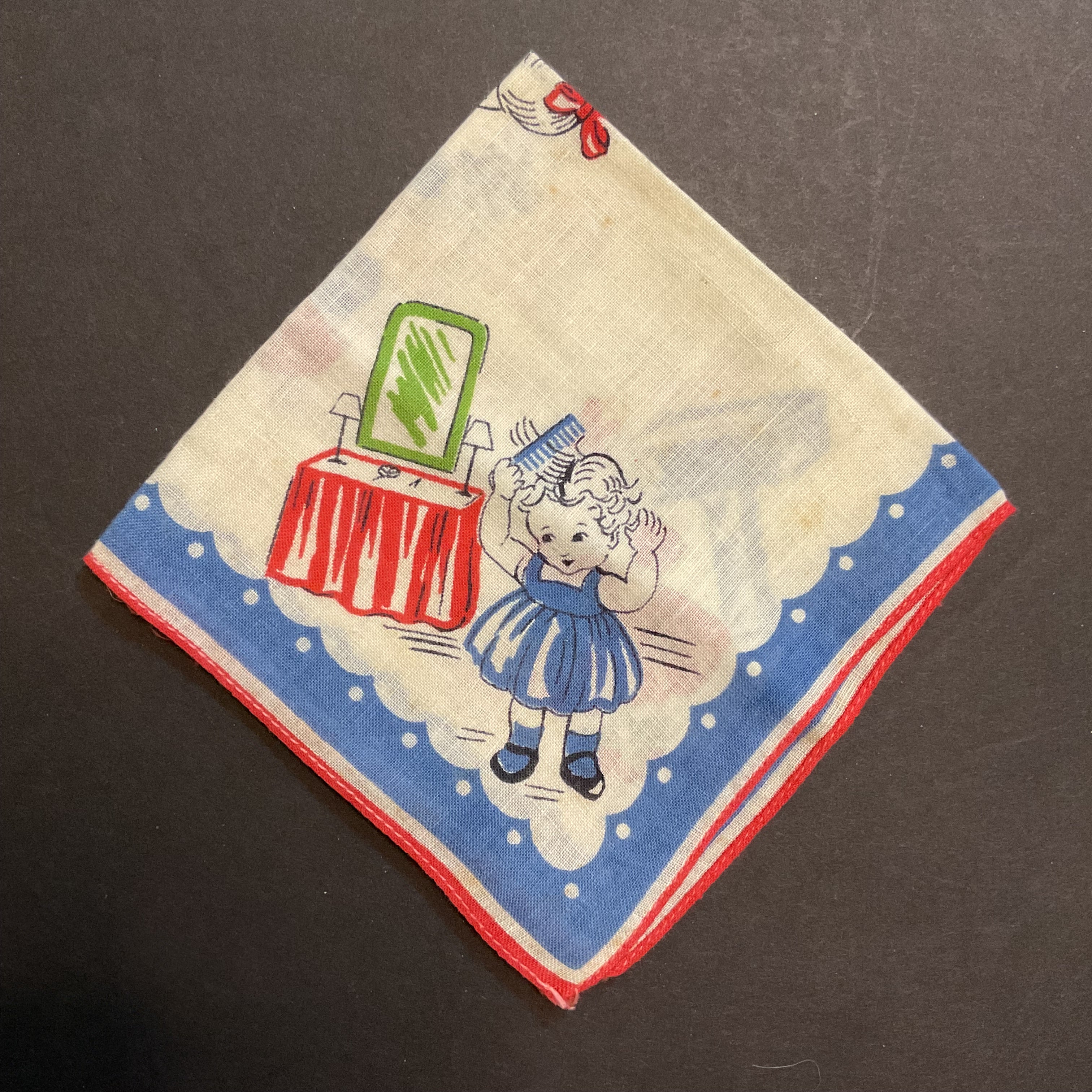 Vintage Childrens Hankie Little Girl Red Dress Handkerchief