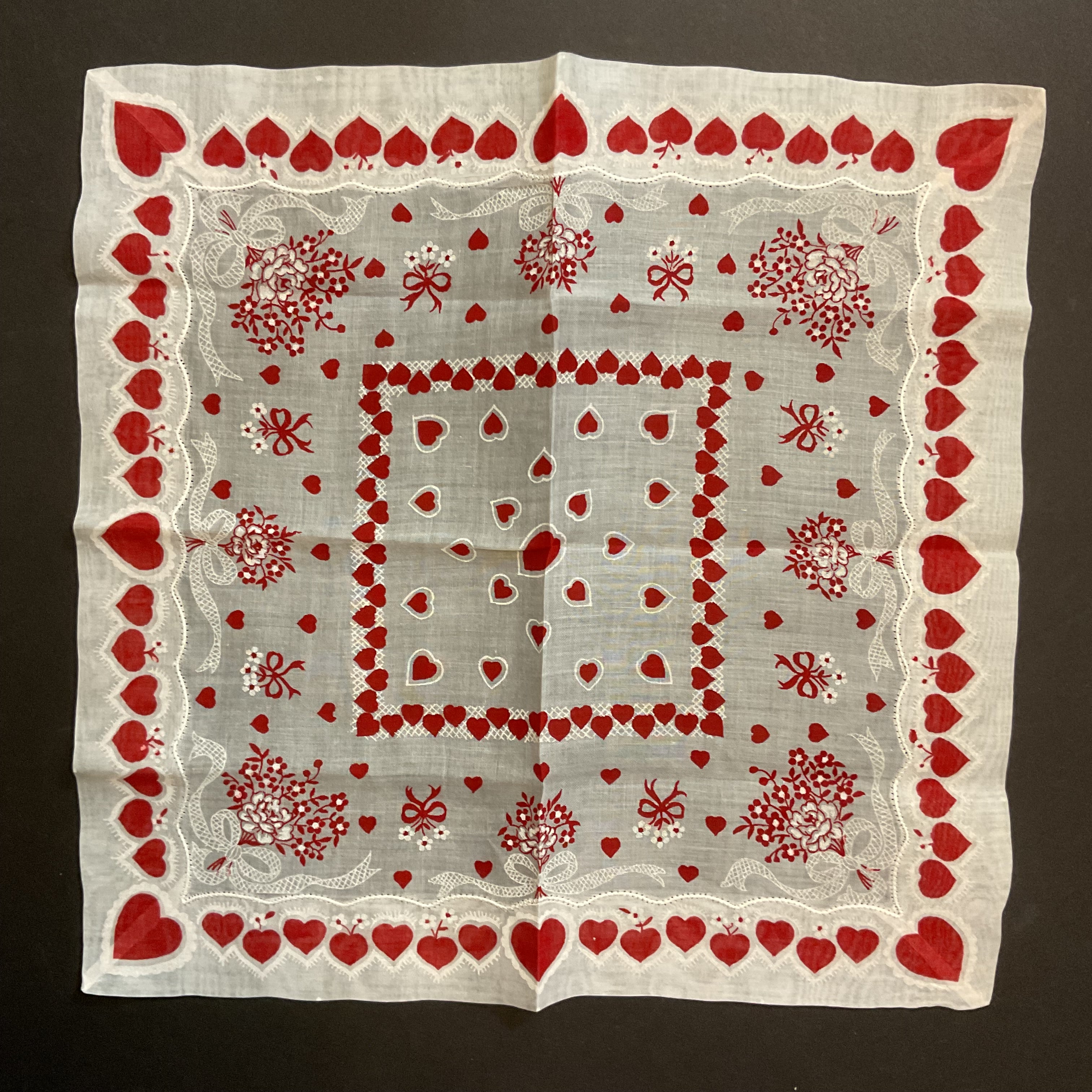 Vintage Valentine Hanky Red Heart Border Flower Bouquets