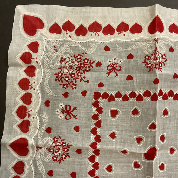 Vintage Valentine Hanky Red Heart Border Flower Bouquets
