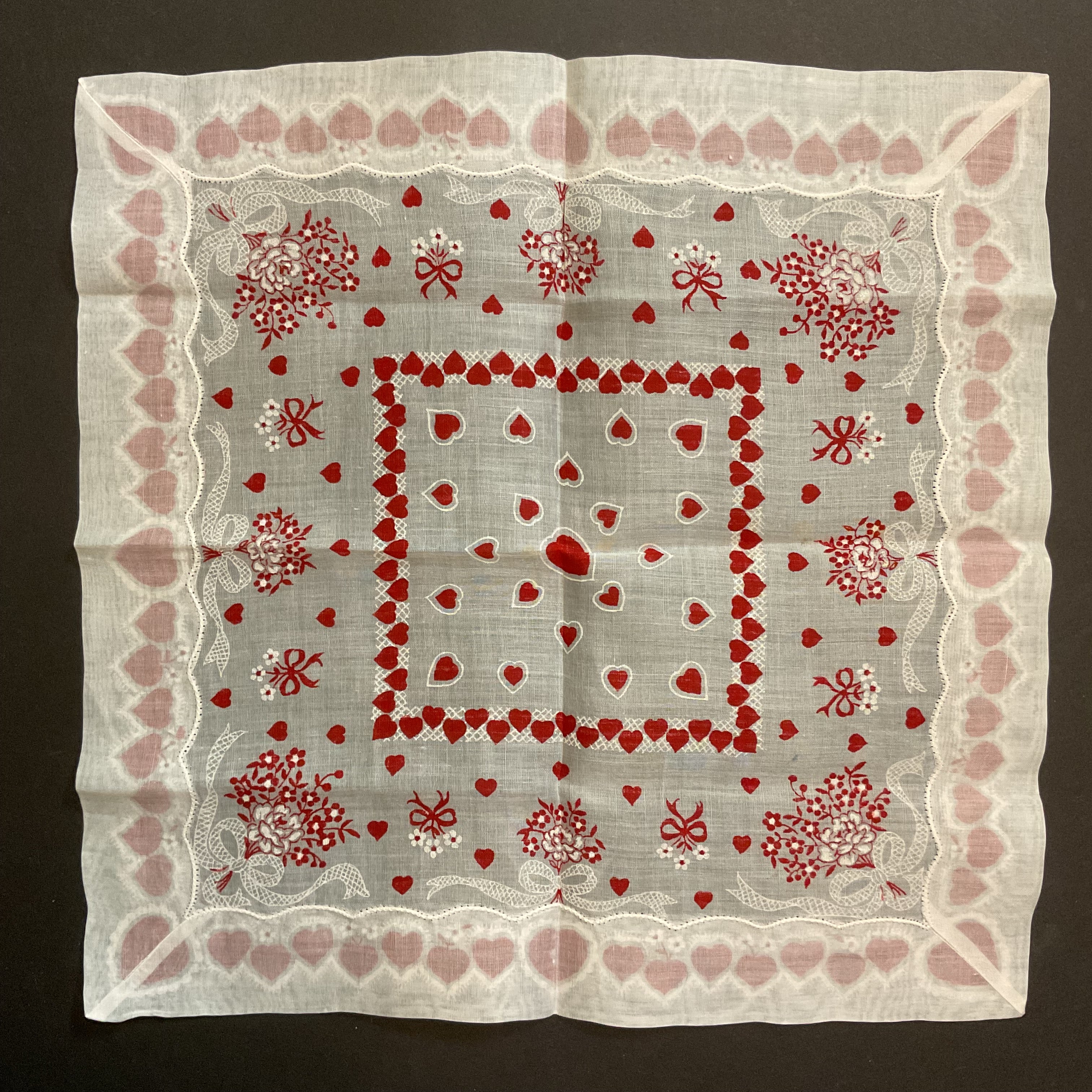 Vintage Valentine Hanky Red Heart Border Flower Bouquets