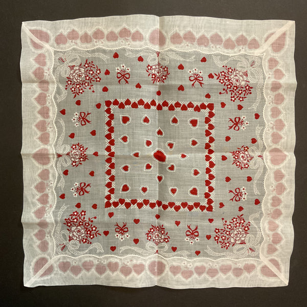 Vintage Valentine Hanky Red Heart Border Flower Bouquets