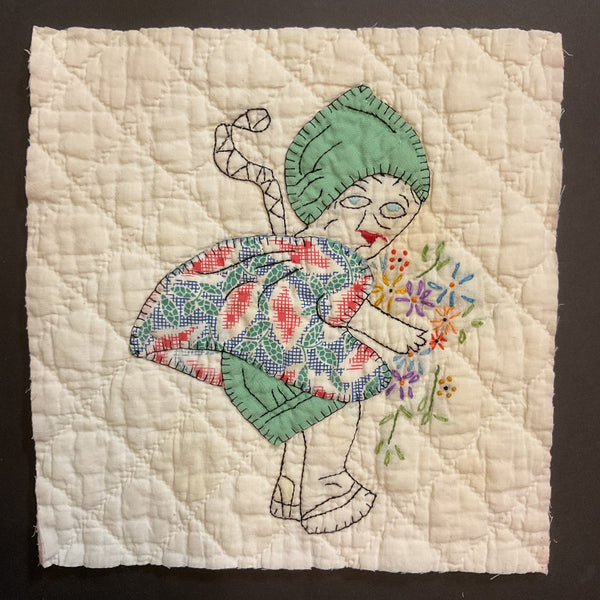 Vintage Appliqued Quilt Block Little Dutch Girl or Brownie Green and Blue 10 1/2 x 11