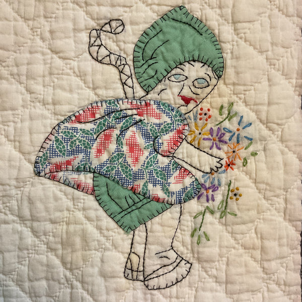 Vintage Appliqued Quilt Block Little Dutch Girl or Brownie Green and Blue 10 1/2 x 11