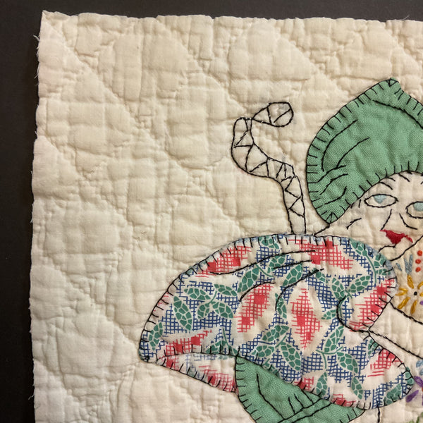 Vintage Appliqued Quilt Block Little Dutch Girl or Brownie Green and Blue 10 1/2 x 11