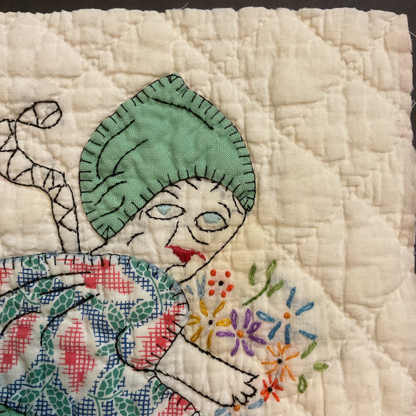 Vintage Appliqued Quilt Block Little Dutch Girl or Brownie Green and Blue 10 1/2 x 11