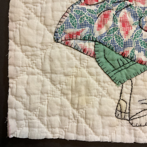 Vintage Appliqued Quilt Block Little Dutch Girl or Brownie Green and Blue 10 1/2 x 11