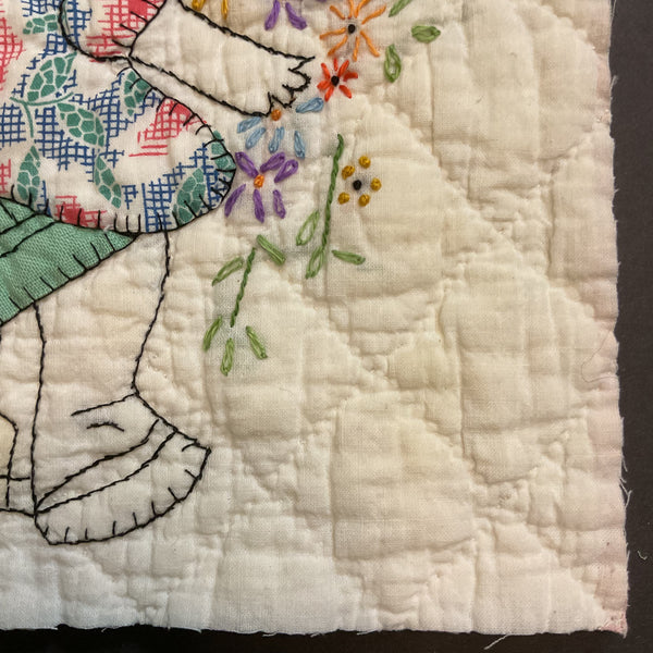 Vintage Appliqued Quilt Block Little Dutch Girl or Brownie Green and Blue 10 1/2 x 11