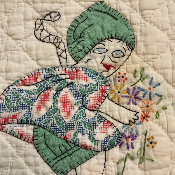 Vintage Appliqued Quilt Block Little Dutch Girl or Brownie Green and Blue 10 1/2 x 11