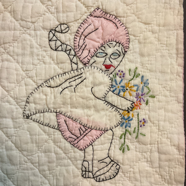 Vintage Quilt Block Little Dutch Girl or Brownie Girl Pink 10 1/2 x 11