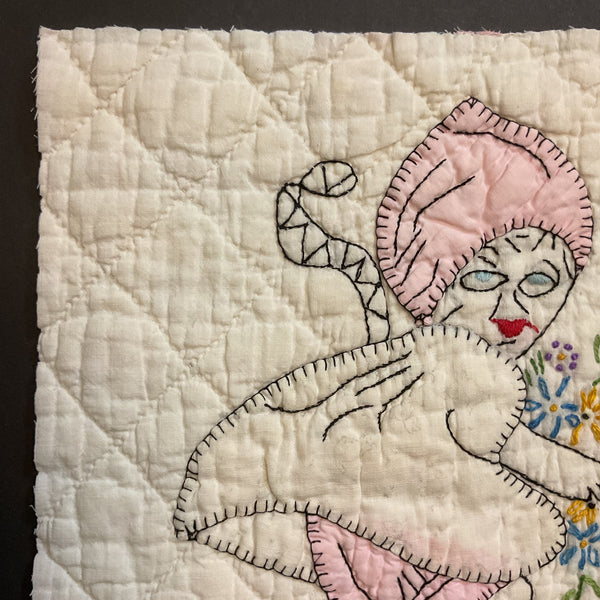 Vintage Quilt Block Little Dutch Girl or Brownie Girl Pink 10 1/2 x 11