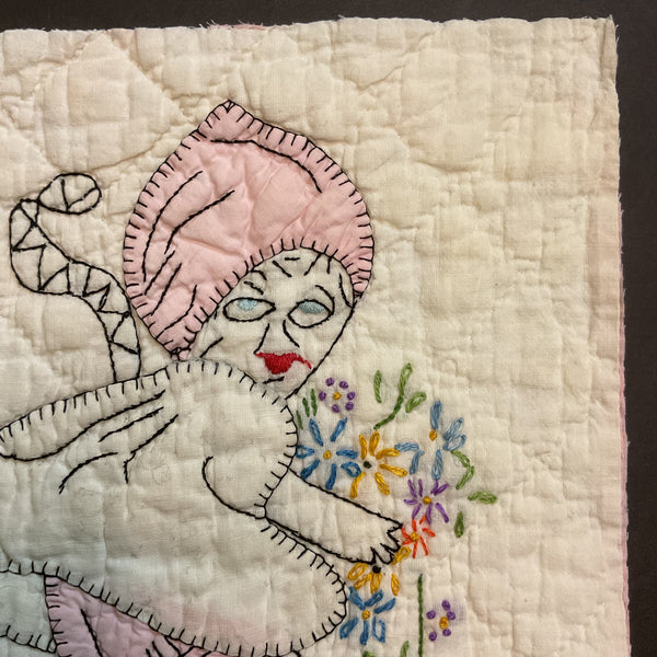 Vintage Quilt Block Little Dutch Girl or Brownie Girl Pink 10 1/2 x 11