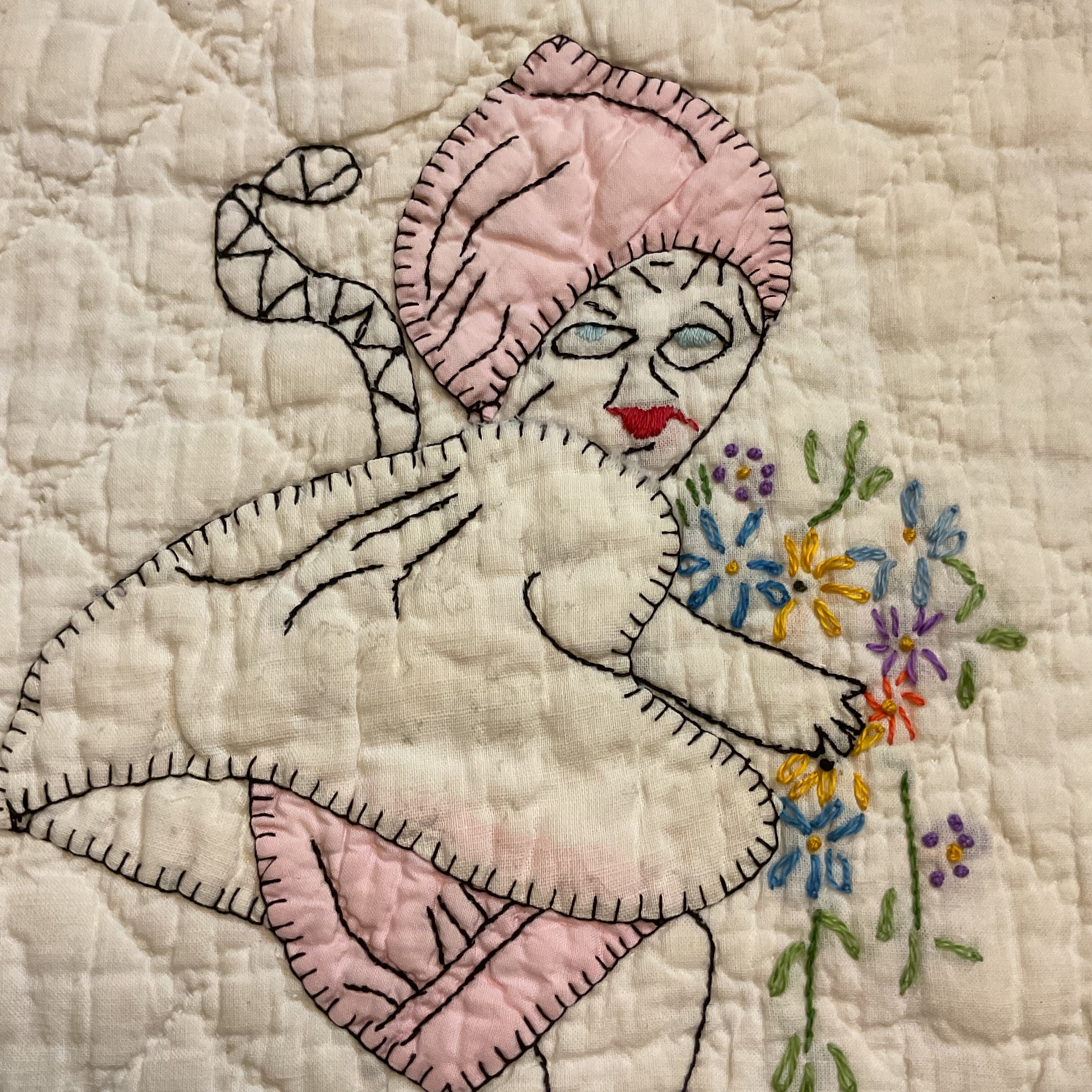 Vintage Quilt Block Little Dutch Girl or Brownie Girl Pink 10 1/2 x 11 - Avid Vintage