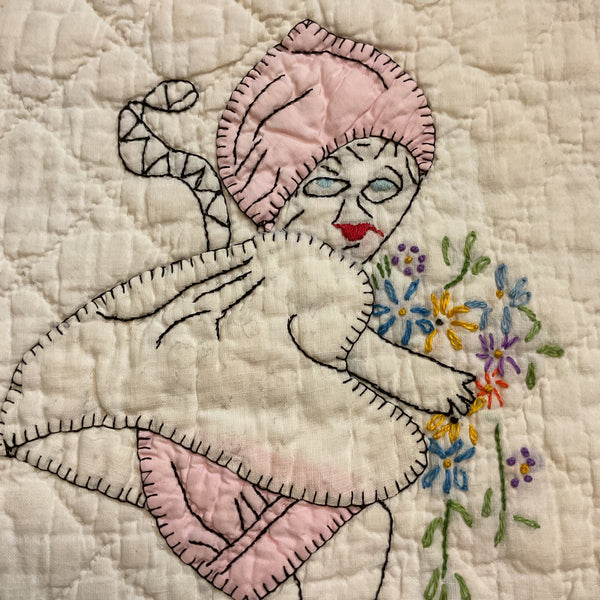 Vintage Quilt Block Little Dutch Girl or Brownie Girl Pink 10 1/2 x 11