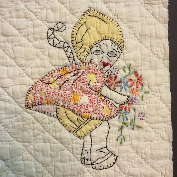 Vintage Embroidered Quilt Block Little Dutch Girl or Brownie Girl Yellows 10 1/2 x 11