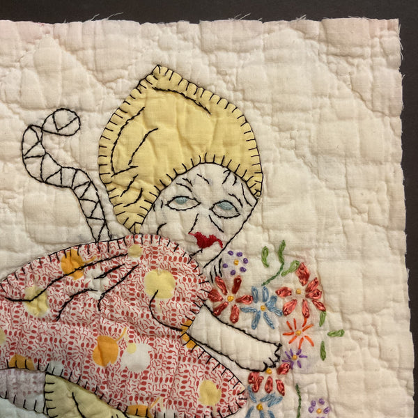 Vintage Embroidered Quilt Block Little Dutch Girl or Brownie Girl Yellows 10 1/2 x 11