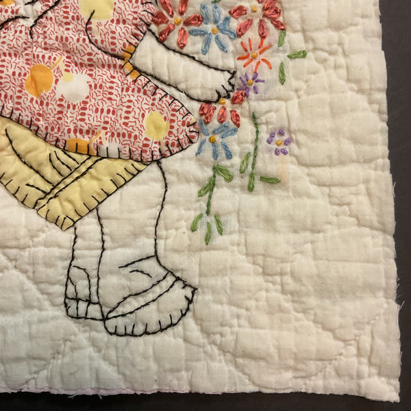 Vintage Embroidered Quilt Block Little Dutch Girl or Brownie Girl Yellows 10 1/2 x 11