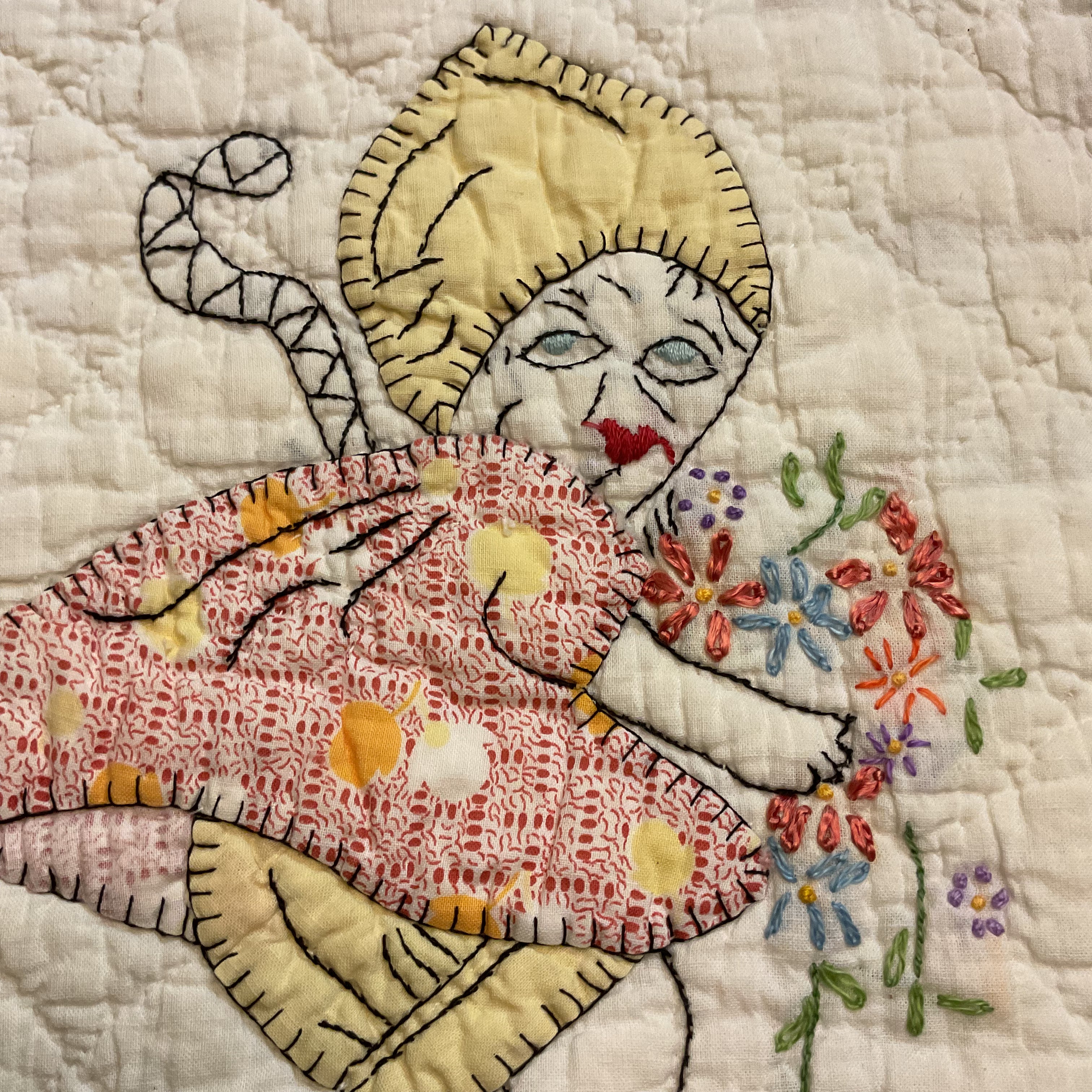 Vintage Embroidered Quilt Block Little Dutch Girl or Brownie Girl Yellows 10 1/2 x 11