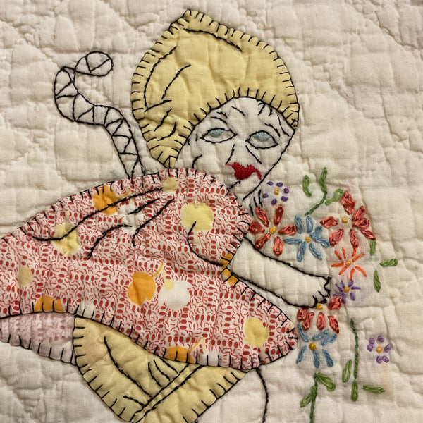 Vintage Embroidered Quilt Block Little Dutch Girl or Brownie Girl Yellows 10 1/2 x 11