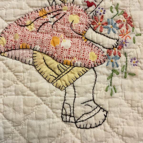 Vintage Embroidered Quilt Block Little Dutch Girl or Brownie Girl Yellows 10 1/2 x 11