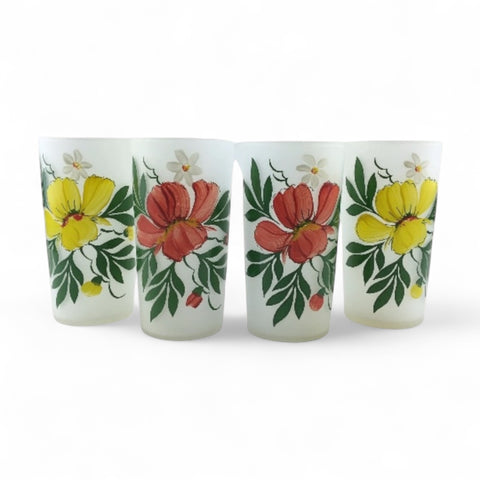 Vintage Floral Frosted Tumblers Set of 4 Federal Glassware Drinking Glasses