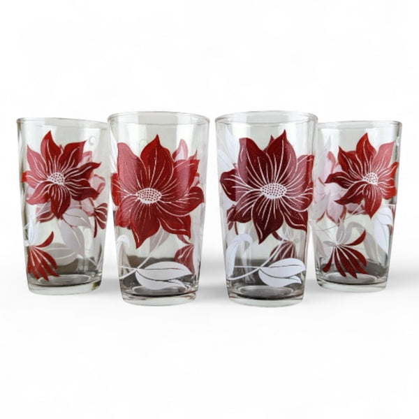 Vintage Christmas Glass Tumblers Red Poinsettia Drinking Glasses Set of 4