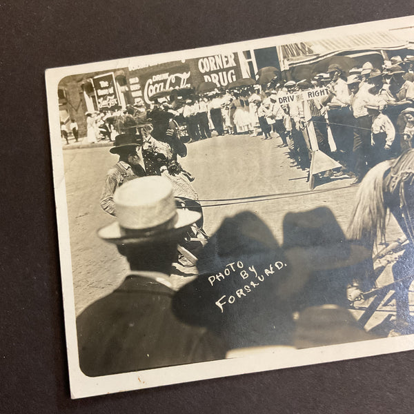 1916 RPPC Parade Photo by Forslund Horses Coca Cola Sign